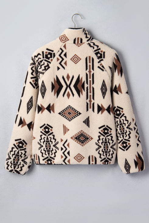 Geometric Print Long Sleeve Shirt Collar Zip Up Placket Binding Tape Jacket