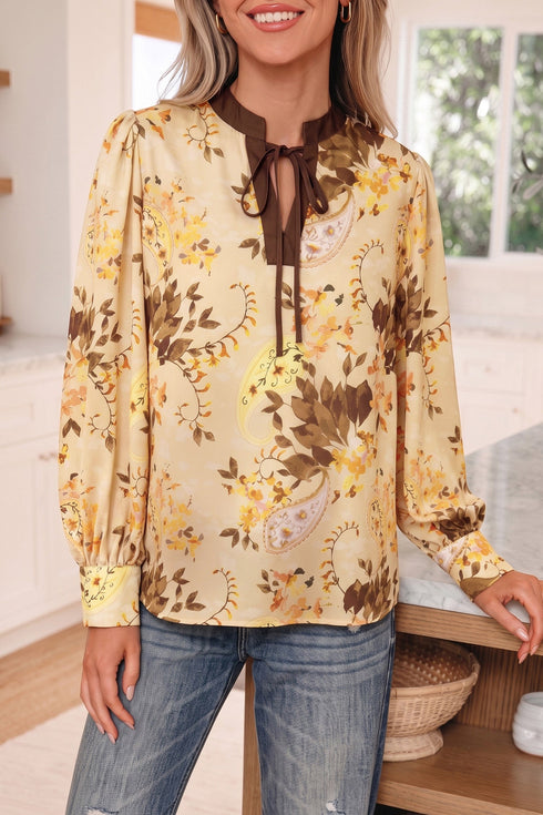 All Over Paisley Tie Neck Bohemian Long Sleeve Blouse