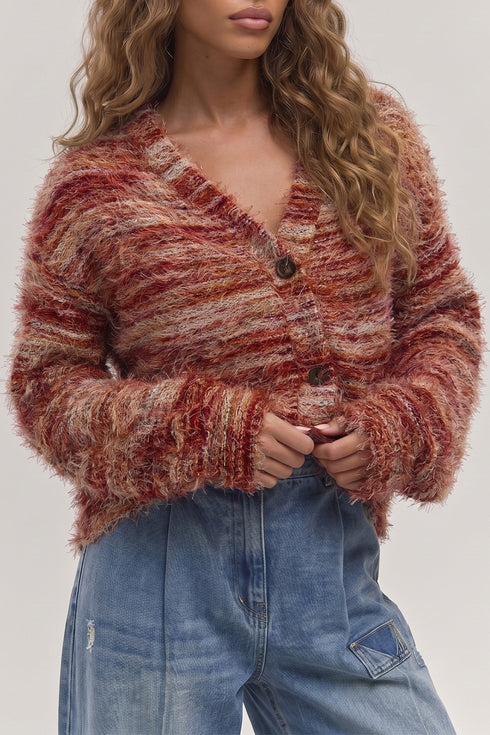 Polyester Fuzzy Striped Pattern Button Front Cardigan