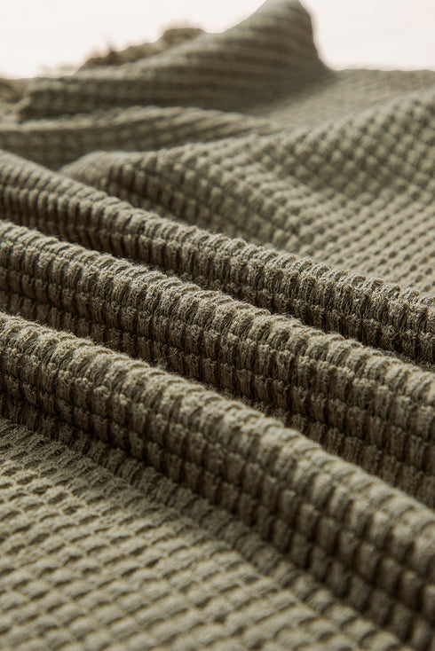 Solid Waffle Knit Fringe Trim Textured Short Set