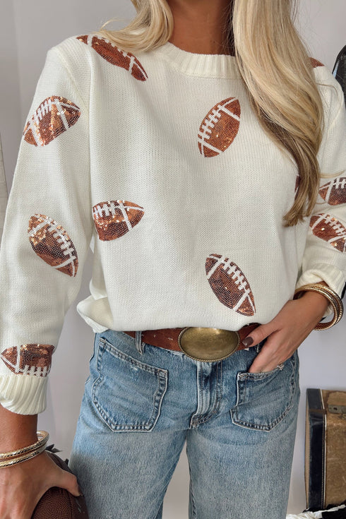 Sequin Football Print Round Neck Loose Fit Sweater