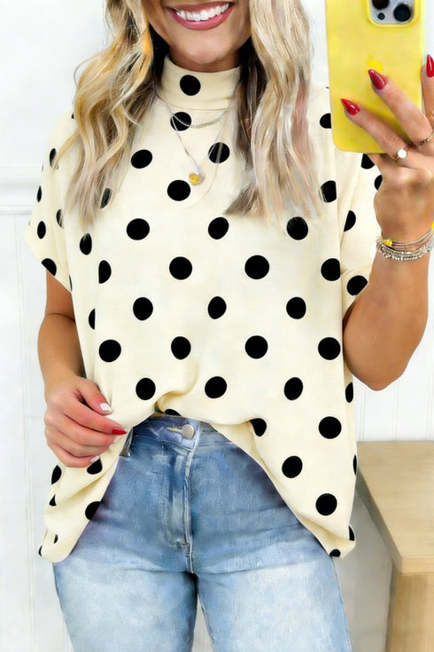 Vintage Inspired Polka Dot Mock Neck Dolman Top