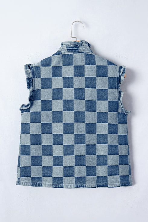 Western Checkered Ruffle Trim Button Down Denim Vest