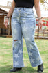 Star Print Multi Button Distressed Wide Leg Jeans