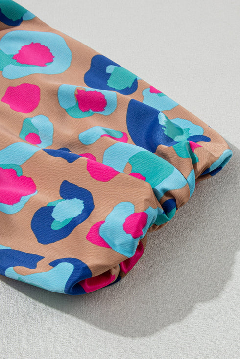 Abstract Animal Print Puff Sleeve Tiered Dress