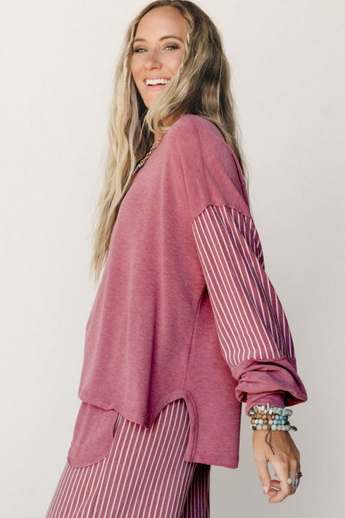 Raw Seam Patchwork Long Sleeve Top Pocket Two Piece Pant Set