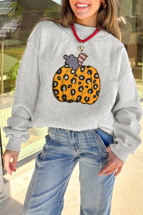 Leopard Print Pumpkin Graphic Mock Neck Sweatshirt