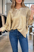 Metallic V Neck Button Cuff Long Sleeve Dolman Blouse