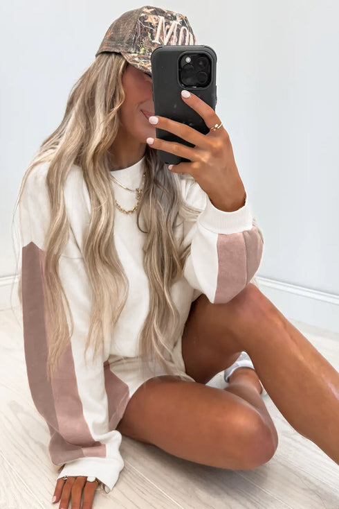 Casual Patchwork Drop Shoulder Pullover Short Sets