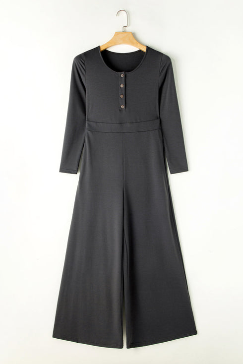 Solid Button Front Long Sleeve Wide Leg Jumpsuit