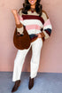 Striped Knit Dropped Shoulder Round Neck Pullover Sweater