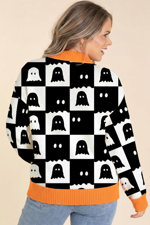 High Neck Drop Shoulder Geometric Print Sweater
