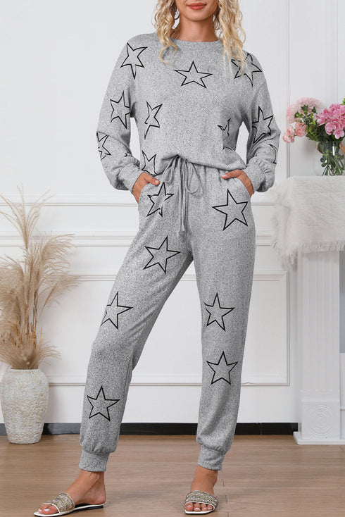 Star Print Long Sleeve Drawstring High Waist Pant Set
