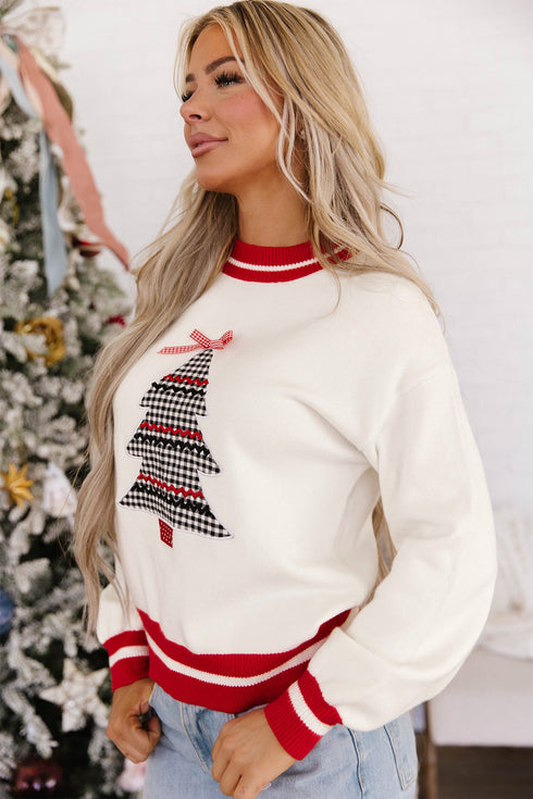 Plaid Tree Applique Round Neck Loose Sweater