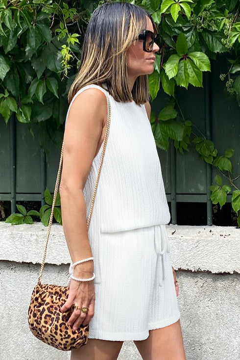 Solid Textured Lace Tank Top And Drawstring Short Sets