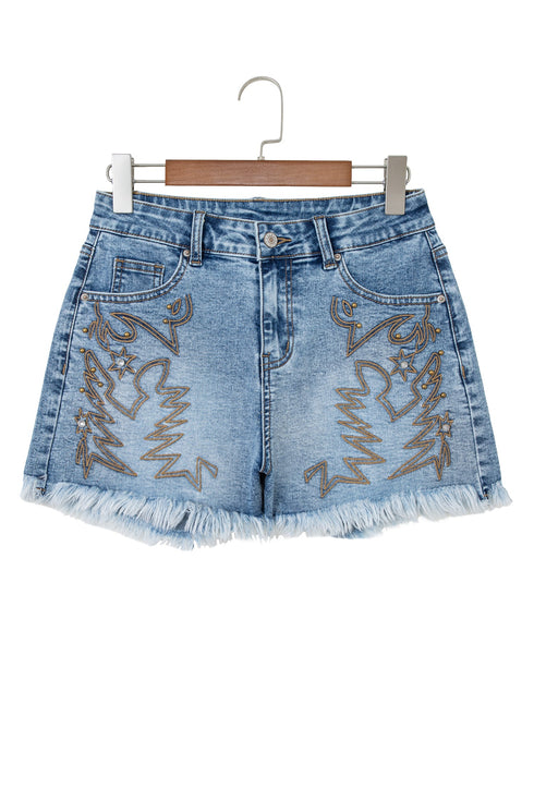 Western Embroidered Studded Stretch Cotton Denim Shorts