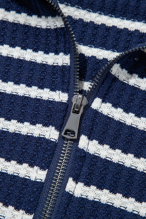 Striped Textured Knit Half Zip Collared Long Sleeve Top