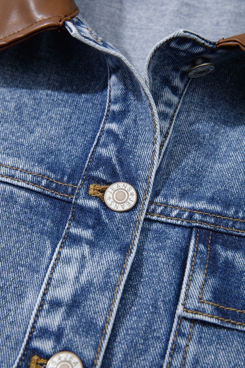 Patchwork Leather Collar Long Sleeve Denim Jacket