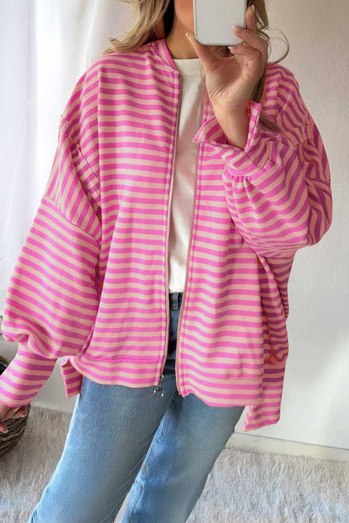 Striped Zip Up Puff Sleeve Jacket Sweatshirt