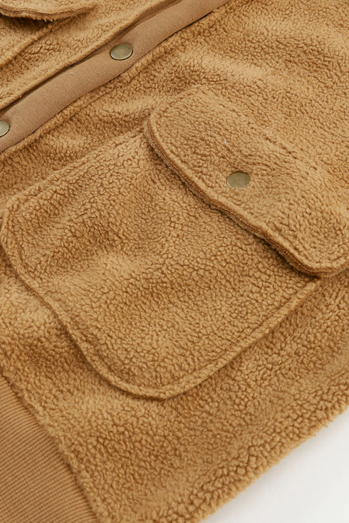 Casual Button Flap Pocket Spread Collar Fleece Jacket