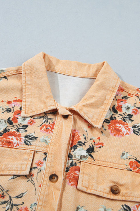 Floral Print Tunic Length Long Sleeve Denim Jacket