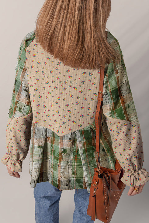 Bohemian Floral Plaid Patchwork Distressed Waffle Knit Shacket