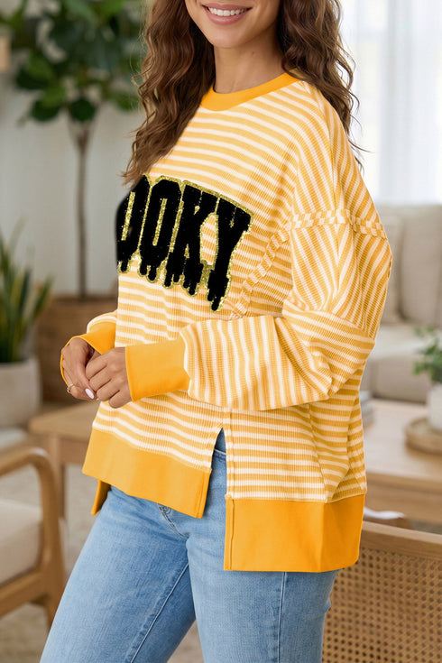 Spooky Slogan Stripe Split Hem Long Sleeve Sweatshirt
