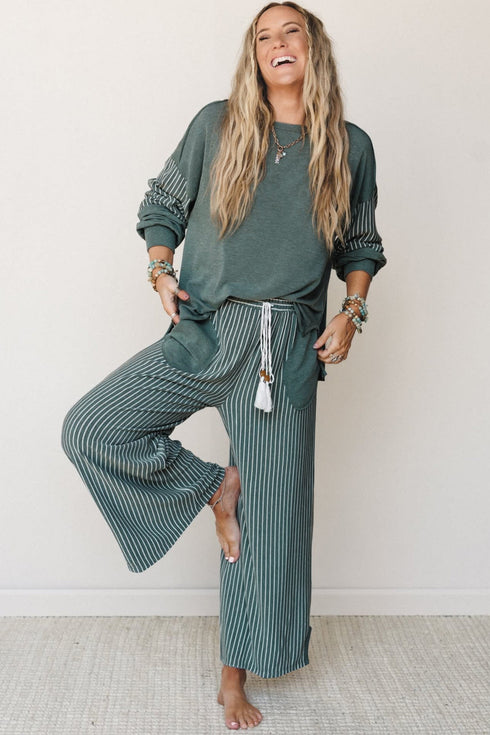 Raw Seam Patchwork Long Sleeve Top Pocket Two Piece Pant Set