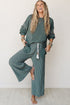 Raw Seam Patchwork Long Sleeve Top Pocket Two Piece Pant Set