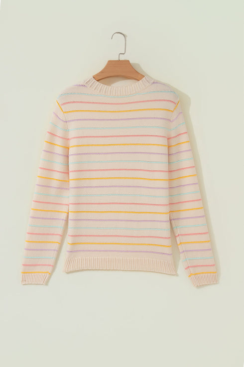 Viscose Striped Pattern Crew Neck Knit Sweater