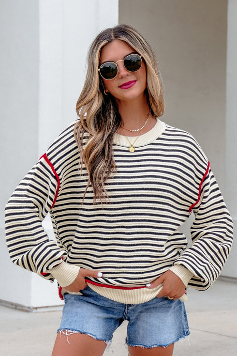 Striped Ribbed Trim Drop Shoulder Oversized Sweater