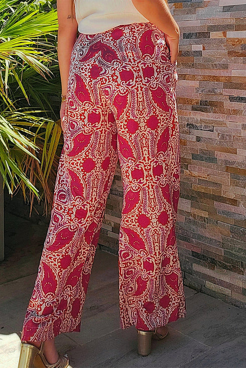 Bohemian Paisley Print Buttoned High Waist Wide Leg Pants