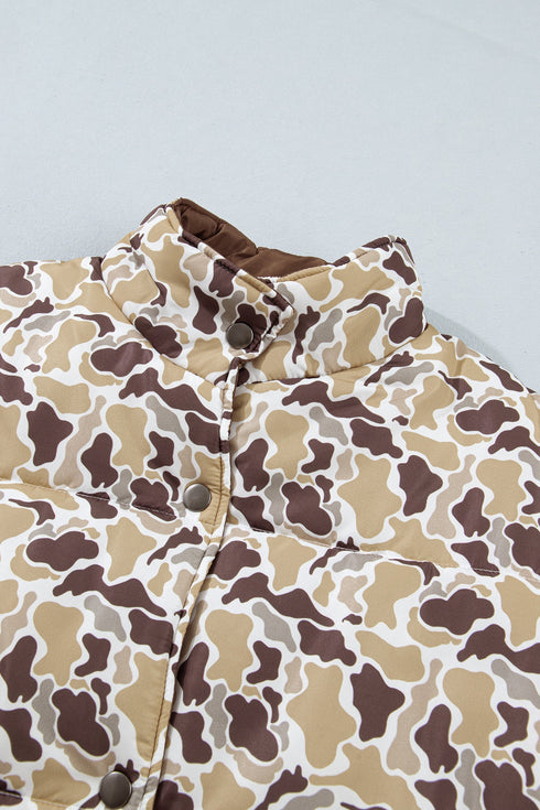 Camouflage Quilted Metal Button Collared Puffer Coat