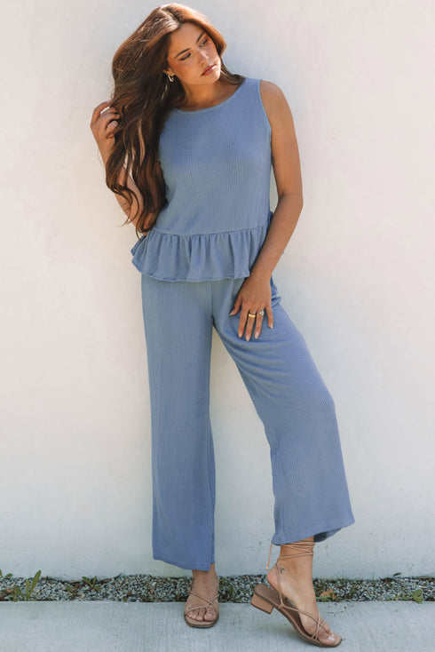 Textured Ribbed Ruffle Tank Top Wide Leg Pant Set