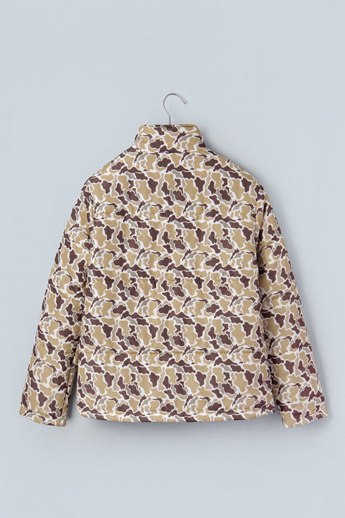 Camouflage Quilted Metal Button Collared Puffer Coat