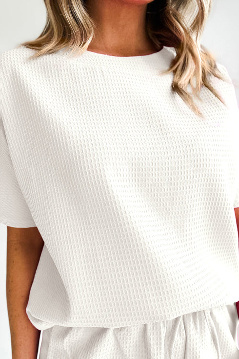 Solid Textured Waffle Knit Drawstring Casual Short Set