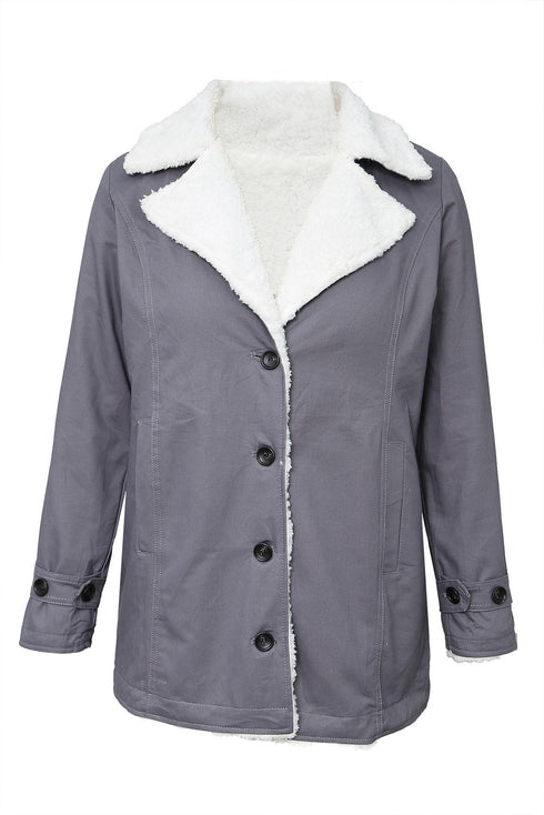 Lapel Collar Button Front Warm Fleece Jacket