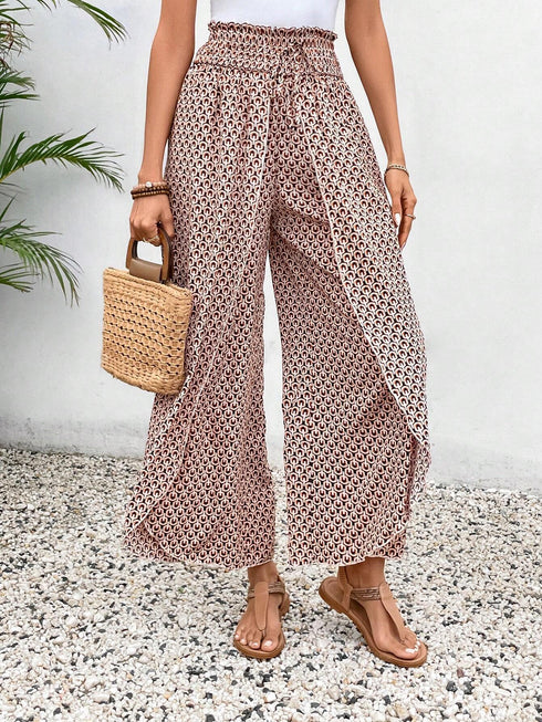 Bohemian Print Smocked High Waist Wide Leg Slit Pants