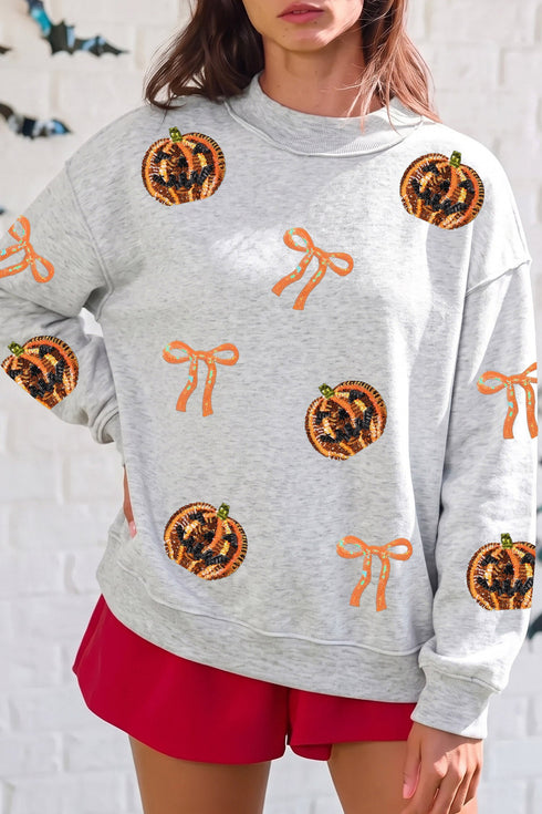 Sequin Pumpkin Face Bow Exposed Seam Pullover Sweatshirt
