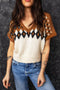 V Neck Short Sleeve Geometric Print Western Knit Sweater