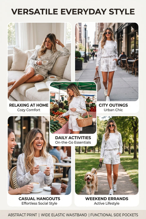 Abstract Camo Print Pullover Top And Casual Short Set