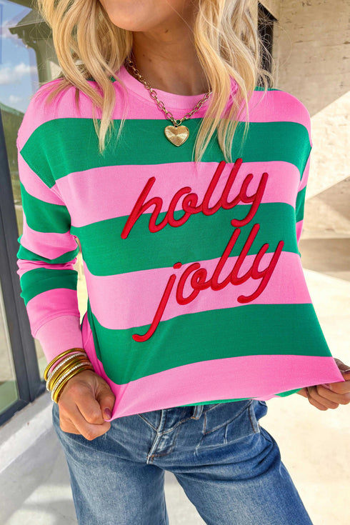 Polyester Striped Pattern Letter Embroidered Pullover Sweatshirt