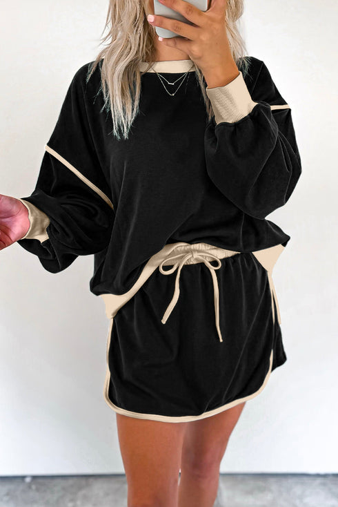 Paneled Loose Pullover And Lace Up Skort Two Piece Set