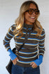 Striped Ribbed Knit Cuff Henley Button Sweater