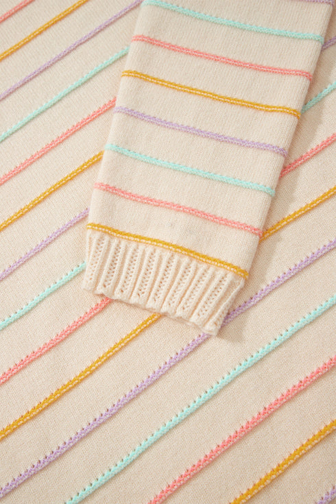 Repeated Stripe Band Crew Neck Graphic Knit Sweater