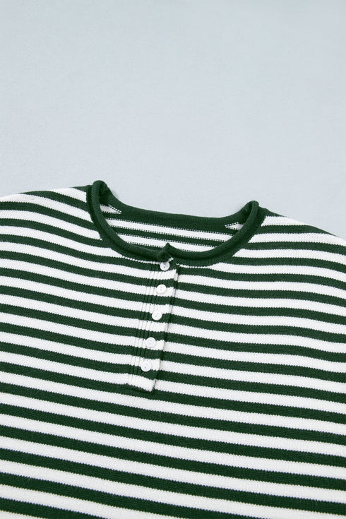 Striped Button Placket Drop Shoulder Long Sleeve Sweater