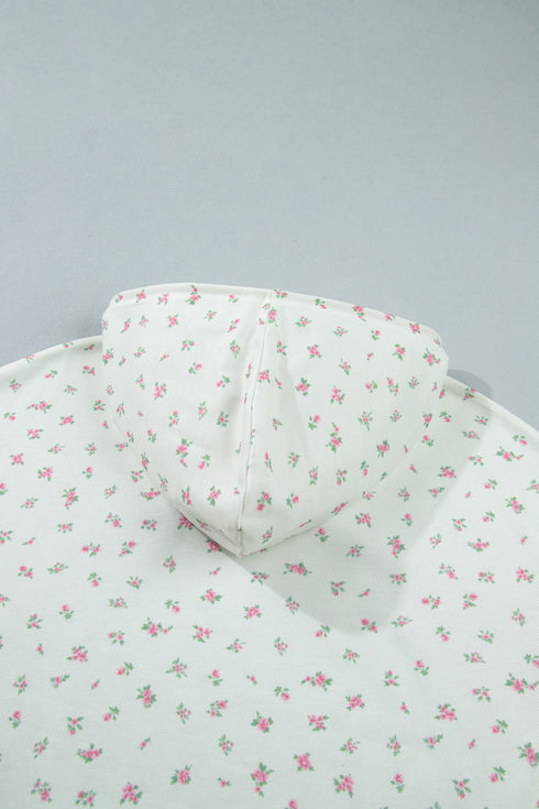 Floral Print Ribbed Trim Drawstring Hem Long Sleeve Hoodie