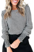 Plaid Shirred Cuff Round Neck Cotton Long Sleeve Blouse