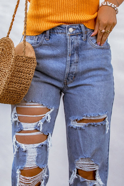 Heavily Distressed Big Hole Denim Boyfriend Jeans