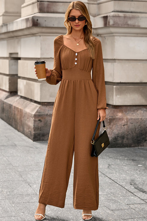 Shirred Button Detail Long Sleeve Straight Leg Jumpsuit